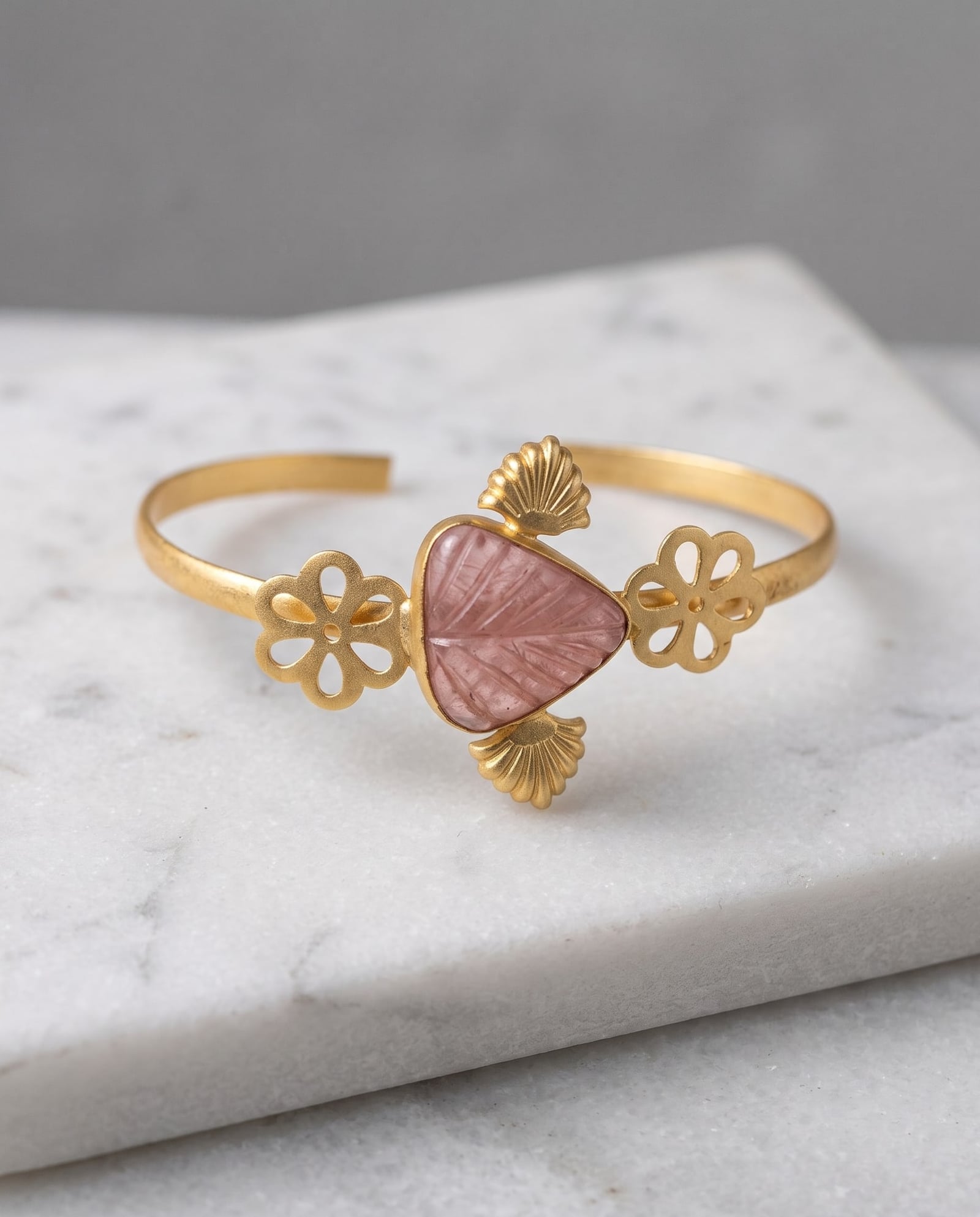 Carved Rose Quartz Floral Cuff Bracelet