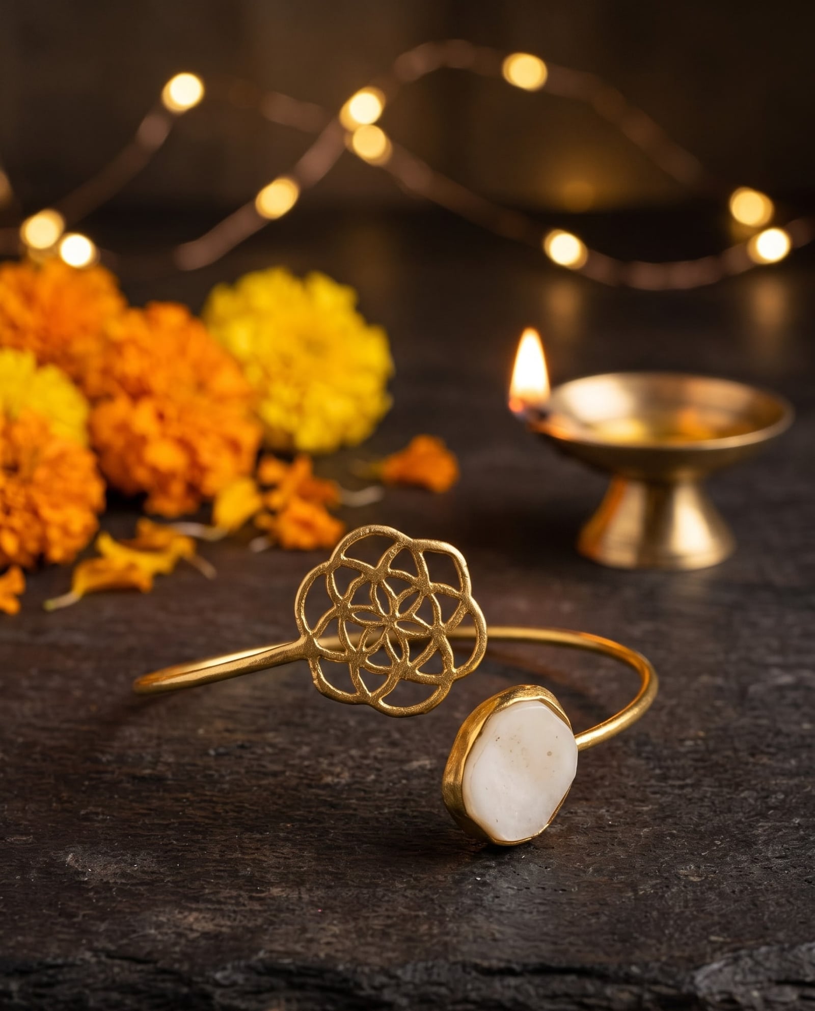 Brass Floral Mother of Pearl Cuff Bracelet