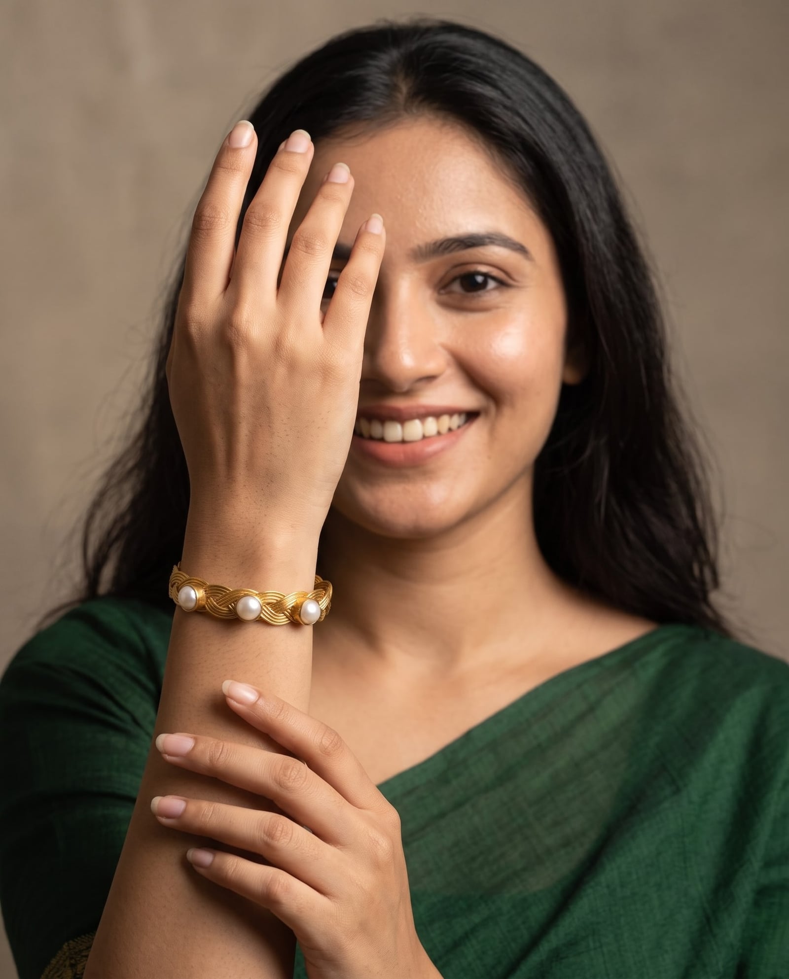 Braided Gold Pearl Open Cuff Bracelet