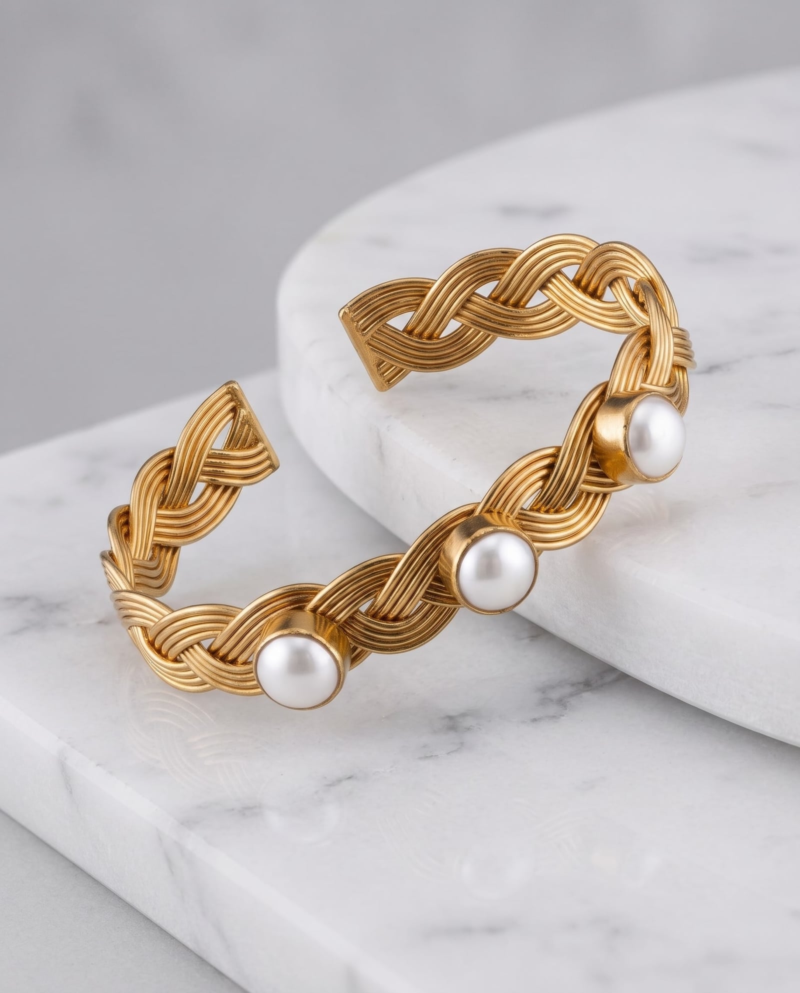 Braided Gold Pearl Open Cuff Bracelet