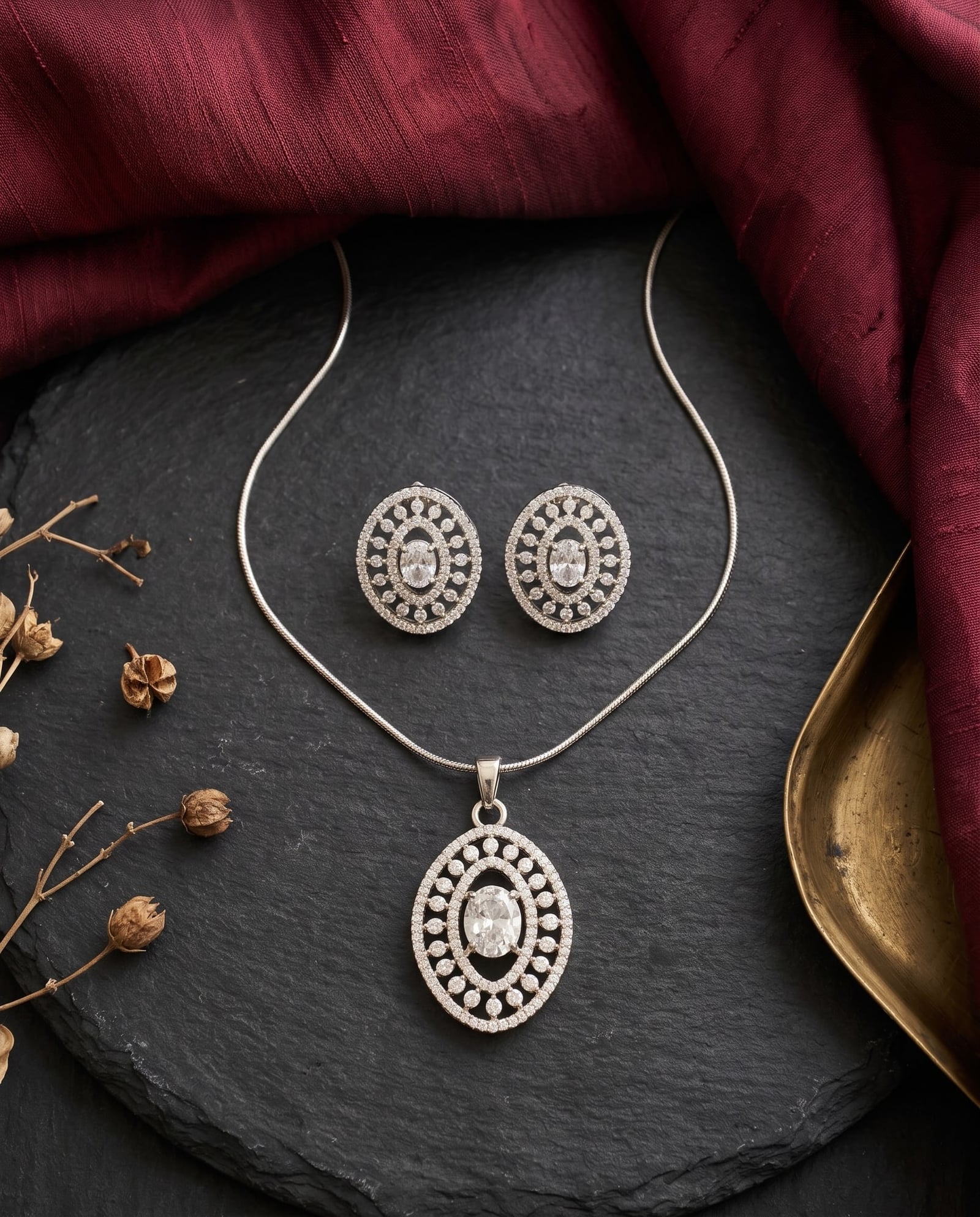 Silver Tone American Diamond Pendant Set