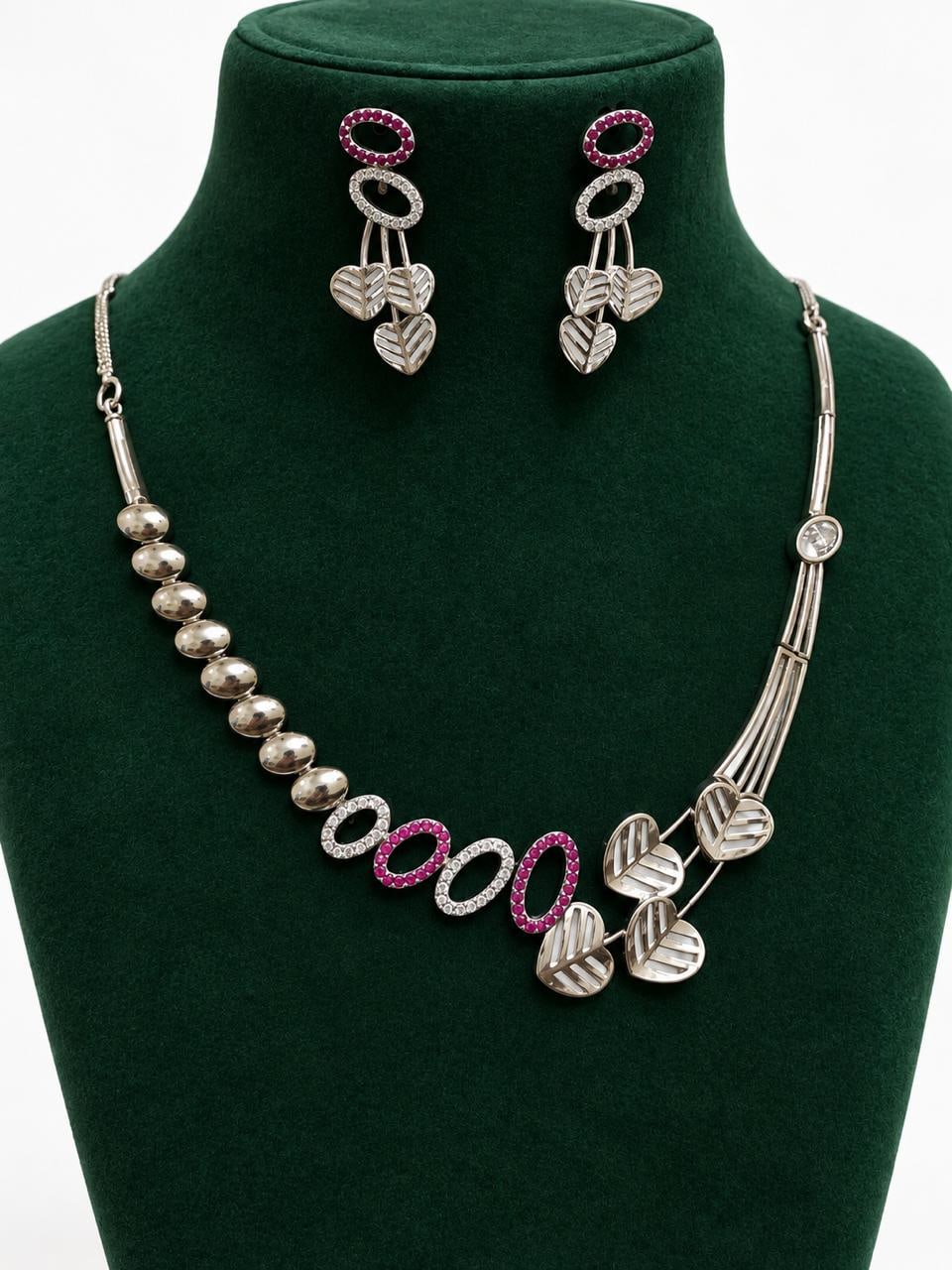 Silver Tone AD Leaf Necklace Set