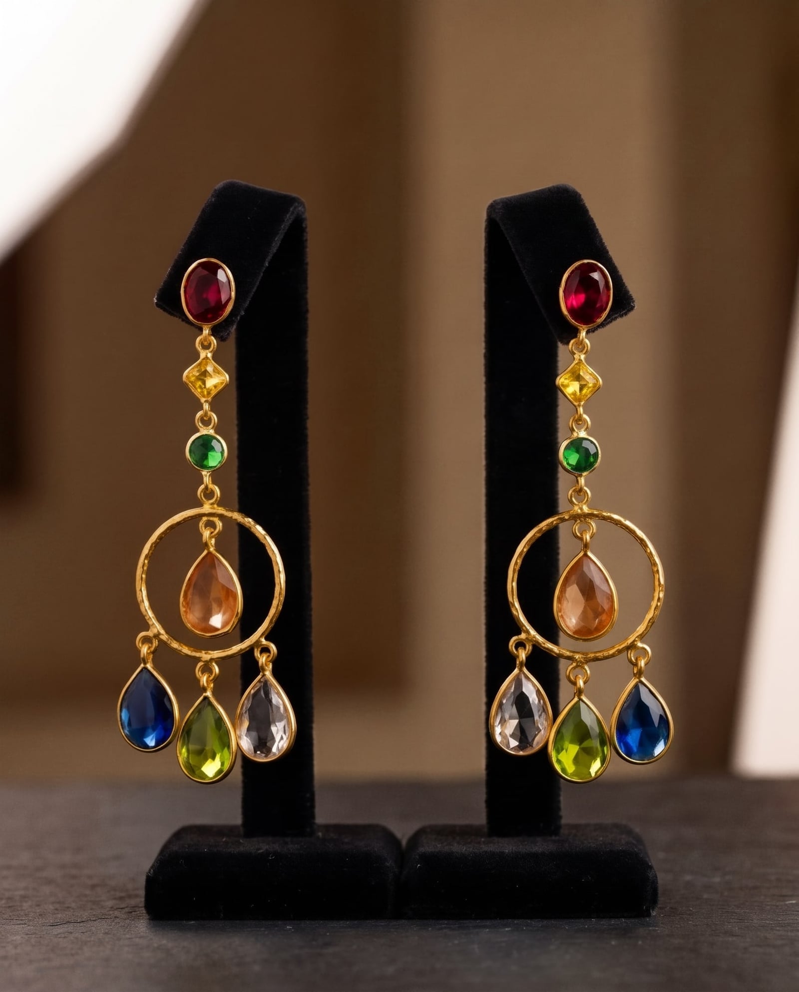 Gold Tone Multicolor Stone Dangler Earrings