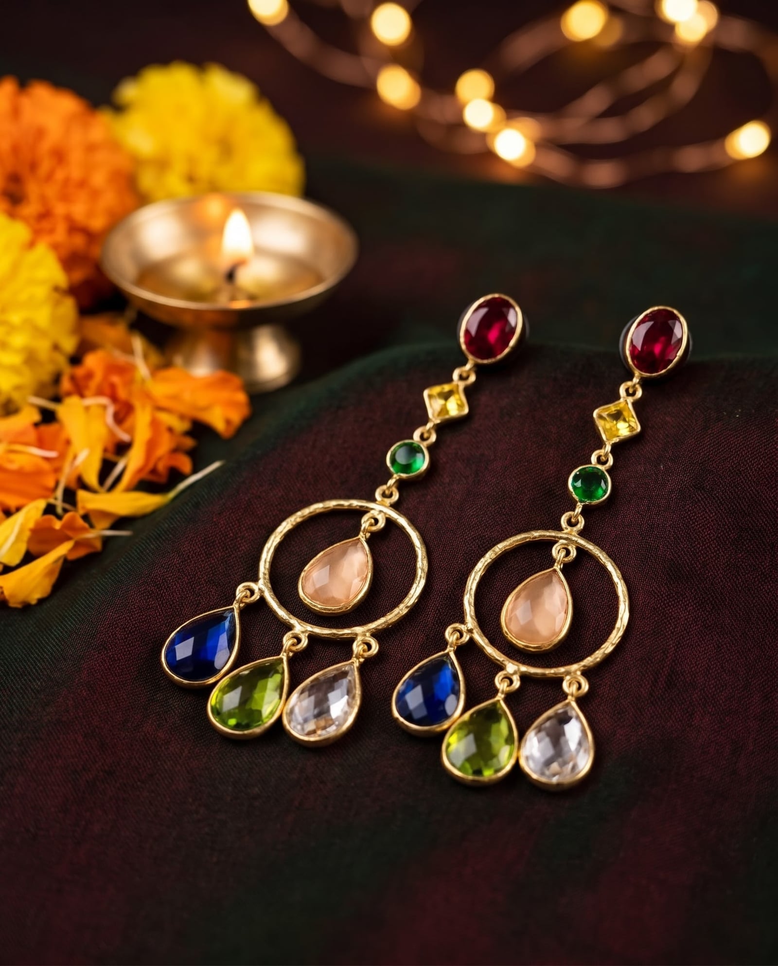 Gold Tone Multicolor Stone Dangler Earrings