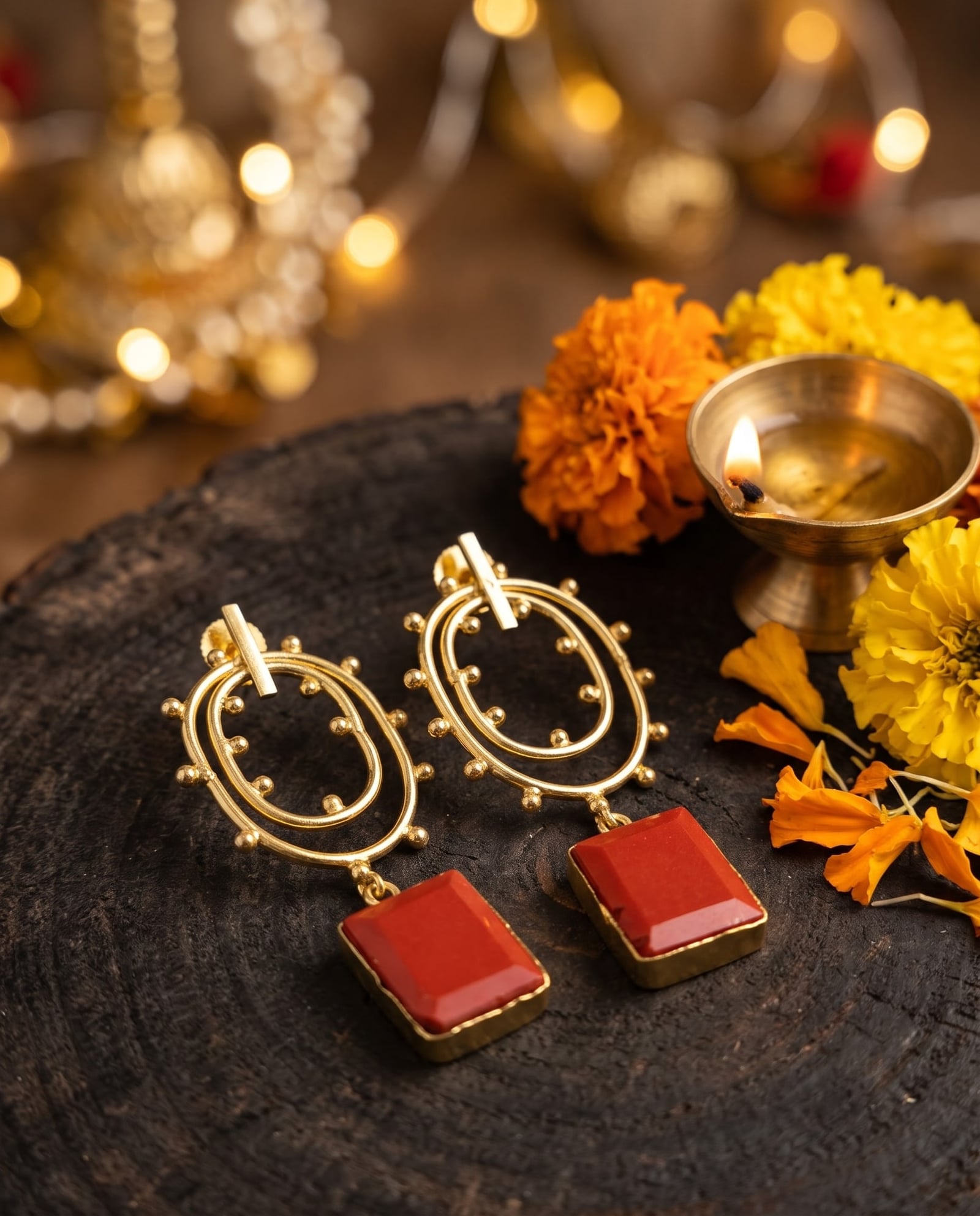 Gold Tone Red Stone Dangler Earrings