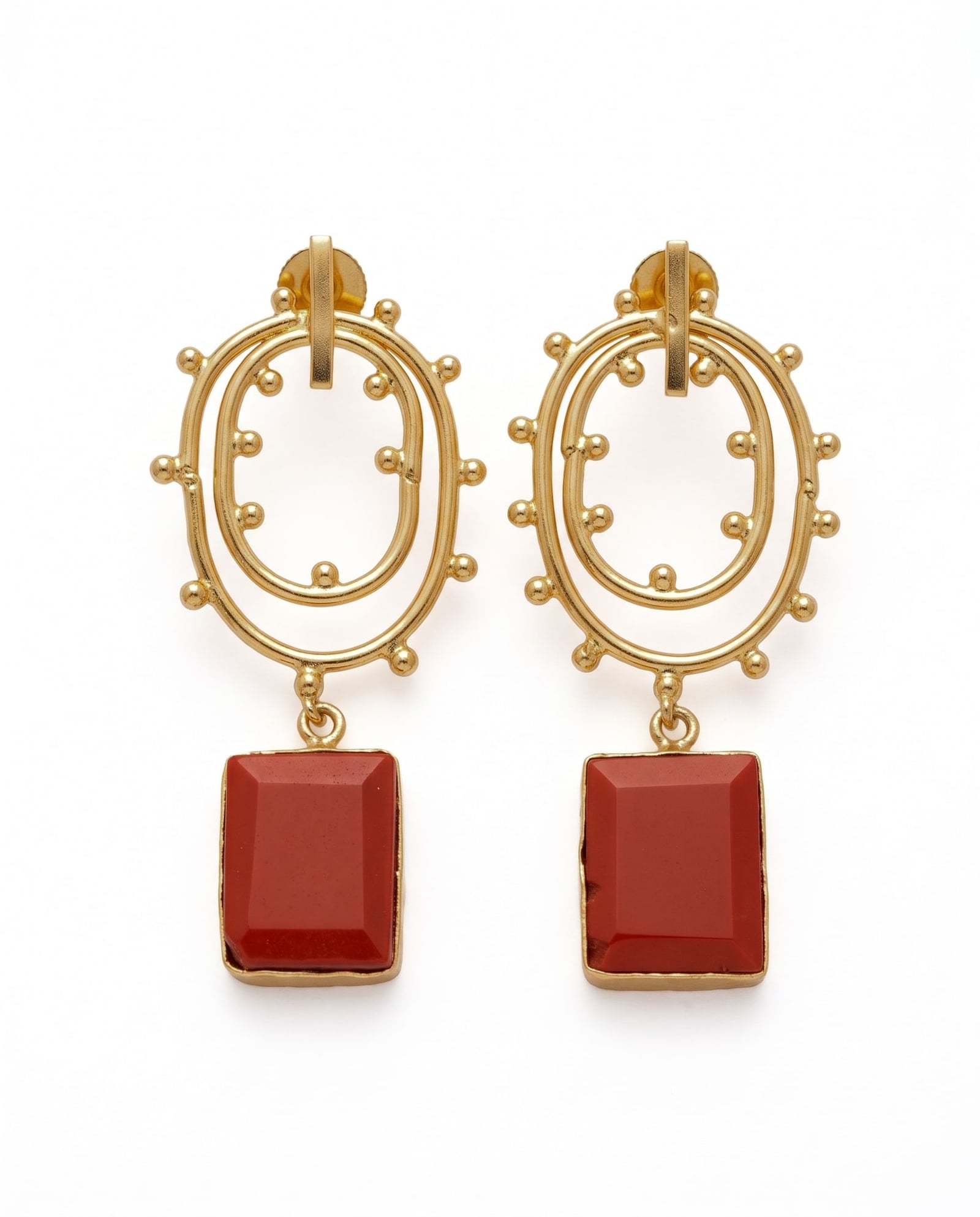 Gold Tone Red Stone Dangler Earrings