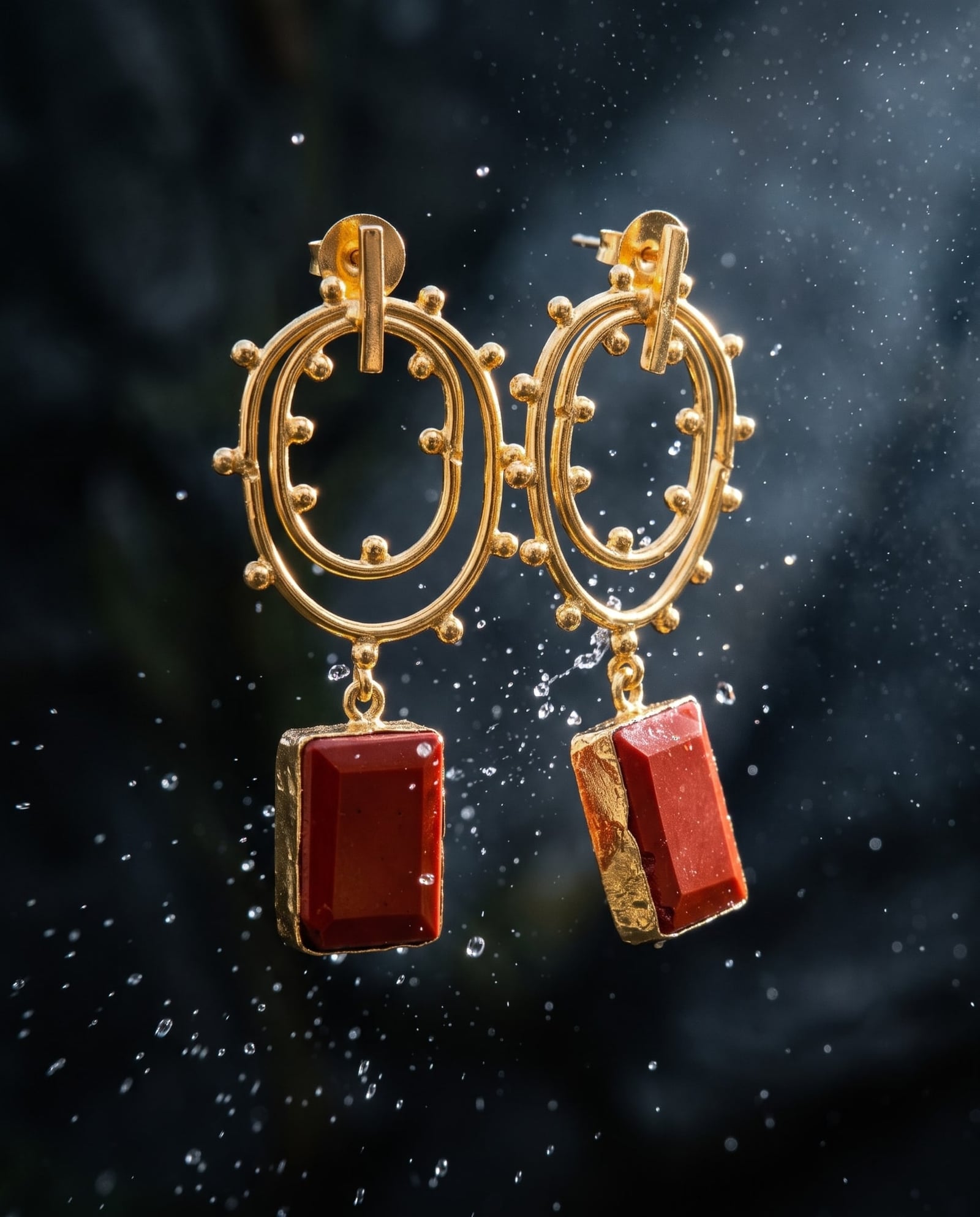Gold Tone Red Stone Dangler Earrings