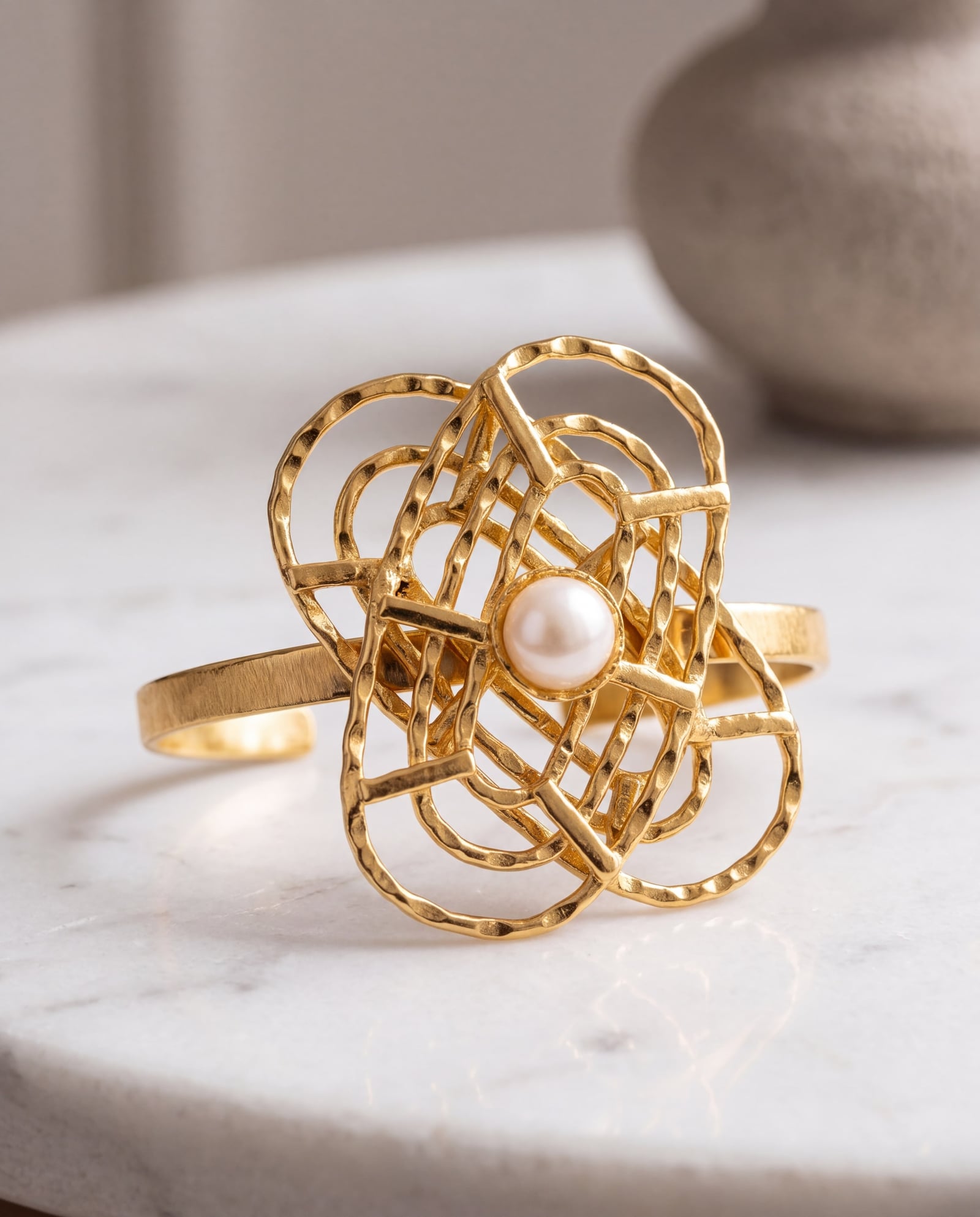 Gold Tone Abstract Pearl Cuff Bracelet
