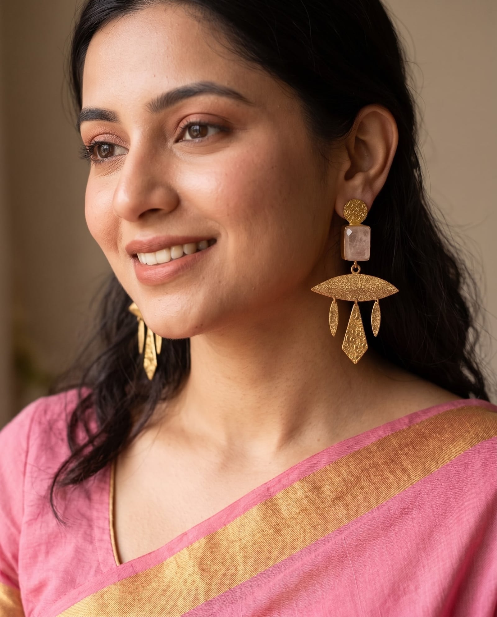 Gold Tone Handcrafted Abstract Dangler Earrings