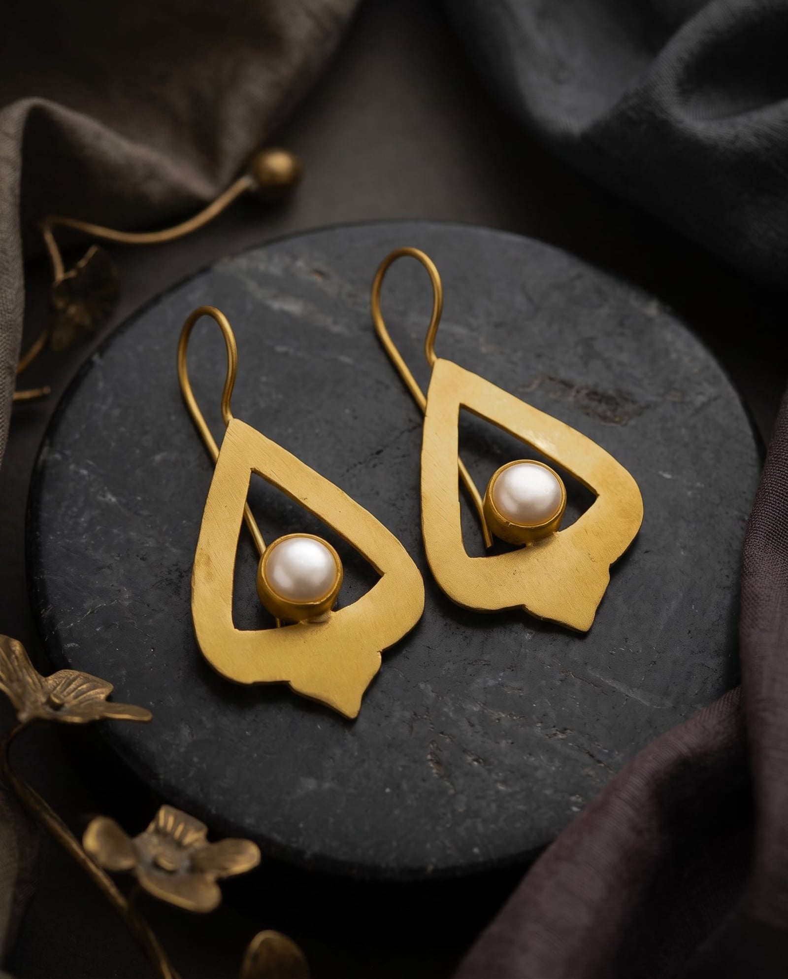 Matte Gold Pearl Arch Drop Earrings