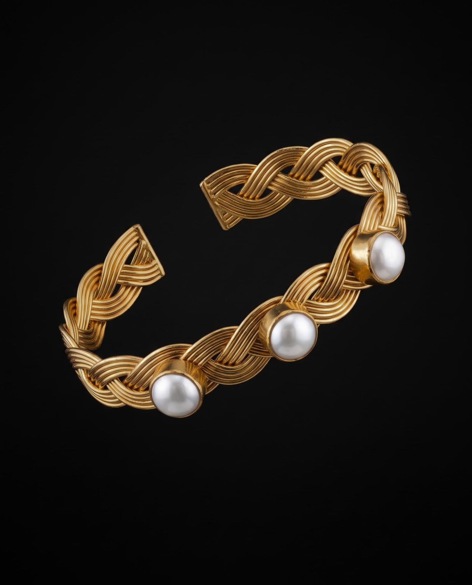Braided Gold Pearl Open Cuff Bracelet